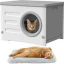 Plastic Cave-Style Cat House for Outdoor Indoor Use, Weatherproof&Insulated Feral Shelter Elevated Stackable Waterproof Cat House with Bed Cushion (Large, Cream and Grey)