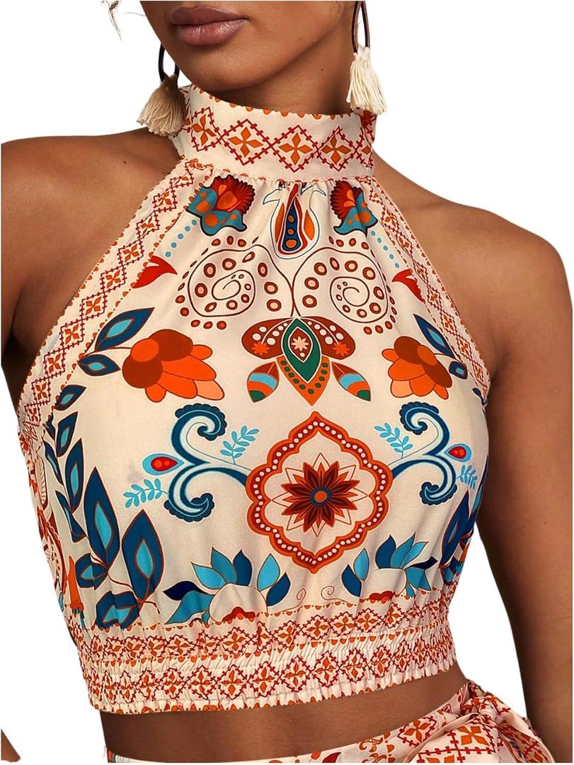 SweatyRocks Women's Boho Summer Halter Crop Tops Sleeveless Shirred Tie Backless Tank Top , Small