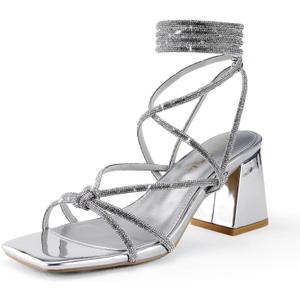 Shoe'N Tale Lace Up Heels for Women Ankle Strappy Gladiator High Heeled Sandals Chunky Block Heel Square Open Toe Criss Cross Dress Shoes (8.5, Silver)