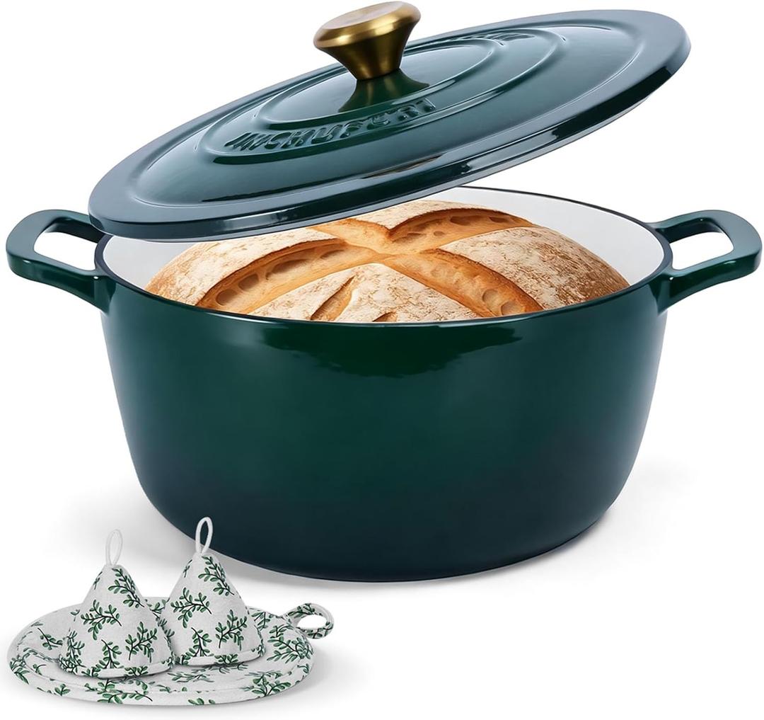 Enameled Cast Iron Dutch Oven with Lid  5QT Heavy-Duty Pot, Oven Safe up to 500F, Dual Handles, Ideal for Sourdough Bread Baking, Stews, Roasting, Braising  All Cooktops, Durable & Versatile Cookware (Green)