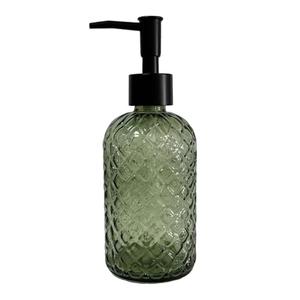Green Glass Soap Dispenser with Black Pump, 13.5oz Liquid Hand Soap Dispenser Set, Dish Soap Lotion Dispenser for Modern Home Decor, Bathroom, Kitchen Countertop, Hotel