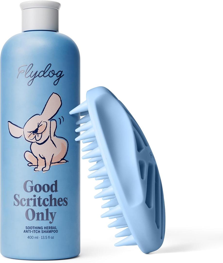 FLYDOG Dog Shampoo for Itchy Skin & Allergies - Natural Anti-Itch Dog Shampoo for Dry Skin, Dandruff & Shedding, Hypoallergenic Sensitive Skin Dog Wash for All Breeds & Puppies (400ml + Brush)