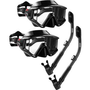 Aegend Snorkeling Gear for Adults, Dry Snorkel Set Panoramic View Enhanced Anti-Leak and Anti-Fog Technology, Adjustable Strap for Snorkeling Scuba Diving Swimming with Mesh Bag (2 PACK-Black)