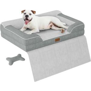 Dog Beds for Large Dogs, Orthopedic Pet Bed with Cooling Gel Memory Foam, Waterproof Large Dog Beds with Removable Washable Cover, 36" Pet Sofa Dutch Velvet with Blanket Bone Toy, Light Gray
