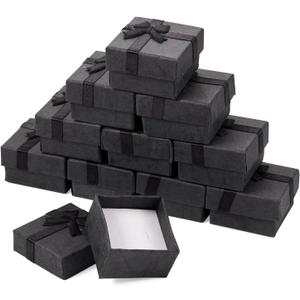 Cheriswelry 12Pcs Black Ring Gift Box with Bow 1.67"x 1.63" Square Paper Box for Anniversary Weddings Valentines Christmas Birthdays Engagement