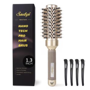 Sndyi Small Round Brush for Blow Out, 1.3 Inch Nano Thermal Ceramic Ionic Round Hair Brush with Boar Bristles, Boost Shine and Volume, For Short Hair with Quick Blow Drying and Salon Styling