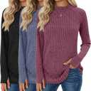 3 Pack Women's Sweater Long Sleeve Shirts Mock Turtleneck Tunic Tops Thumbhole Ribbed Curved Hem Loose Fall Clothes (Large, Grape Purple, Gray Blue, Black)