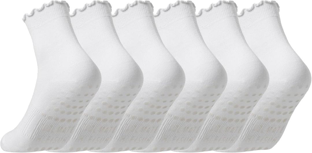 CoolMate Pilates Socks with Grips for Women, Yoga Socks, Crew Non Slip Women for Barre, Pilates Gifts (6-10, A-06c. 3 Pairs Ruffle White)