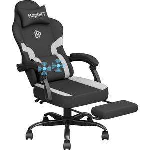 HapGIFT Gaming Chair, Ergonomic Gaming Chair with Footrest, Computer Chair with Massage Lumbar Support, Technology Fabric Gamer Chair with Headrest, Adjustable Swivel Chair for Adults, Black-Grey