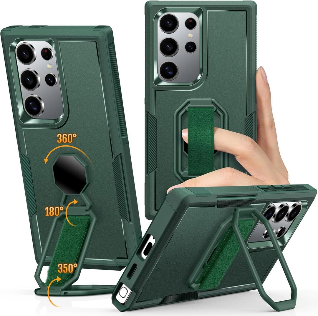 Shields Up for Samsung Galaxy S24 Ultra Case with Stand (Two-Way Stand & Finger Strap), Galaxy S24 Ultra Phone Grip Case with Double Ring Holder, Heavy Duty Shockproof Cover for S24 Ultra, Green