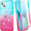 Ruky iPhone 13 & 14 Glitter Case, Full Body Rugged Cover with Built-in Screen Protector, Shockproof Protective Girls Women Case for iPhone 13 & 14 6.1', Teal Pink