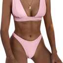 Bathing Suits for Women Deep V Neck Sexy Two Piece Bikini Sets for Women Thong Halter Cheeky Swimsuit (Small, Pink)