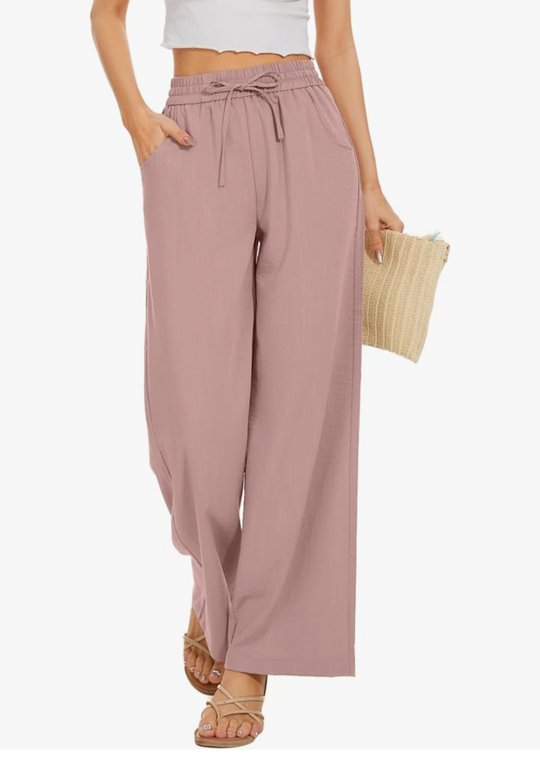 KICZOY Women Summer Pants Flowy Pants Drawstring Waist Wide Leg Palazzo Beach Pants Loose Fit with Pockets Pink, Large