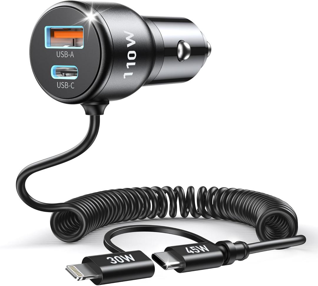 110W Car Charger, PD3.0&QC3.0 USB C Car Charger Adapter Fast Charging, Built-in 5ft 45W Type C Coiled Cable and 30W C-Lightning Converter for iPhone, Samsung, Android, iPad