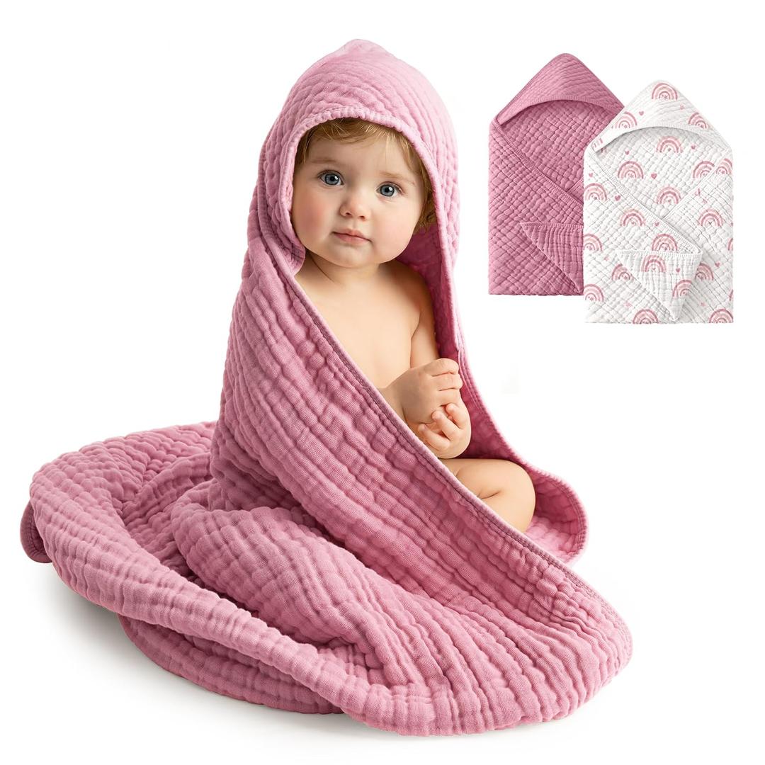 Baby Girl Bath Towels, 100% Muslin Cotton Hooded Baby Towels for Newborn, 2 Pack Baby Towels with Hood for Infant Toddler and Kids, Large 32x32Inch Bath Essentials, Soft and Absorbent