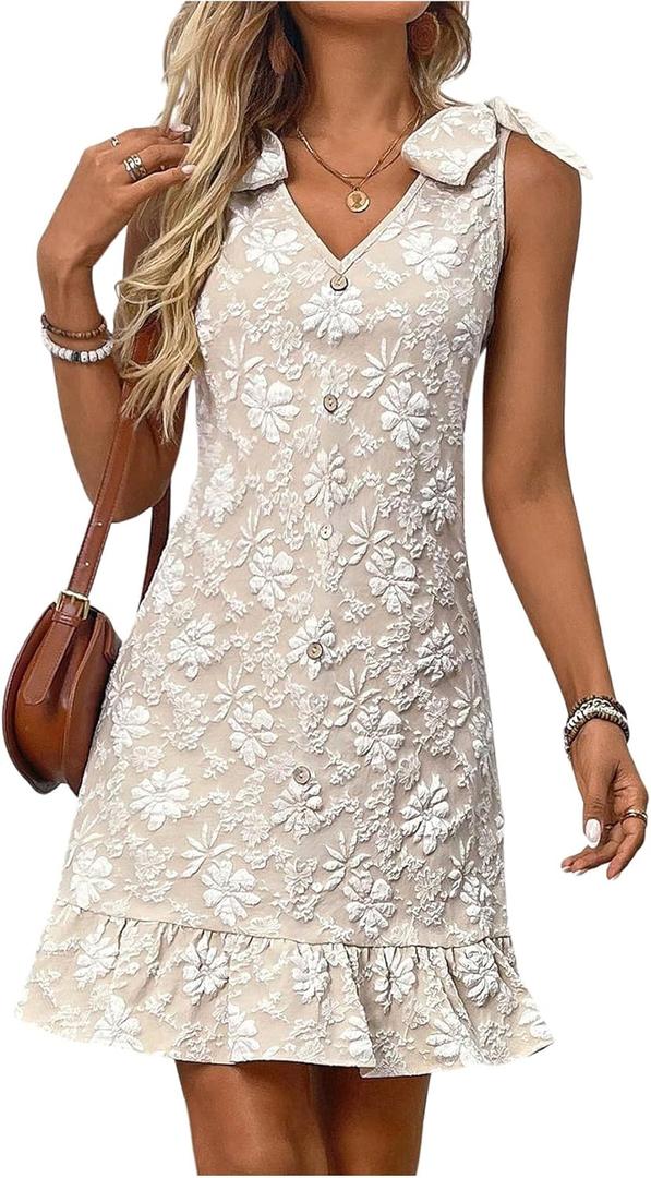 WDIRARA Women's Floral Textured Bow Tie Shoulder Short Dress Ruffle Sleeveless V Neck Tank Dresses (Beige, S)