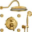 Brushed-Gold Antique Shower System with Jets: 9 inch Rain Faucet Sets Complete Wall Rainfall Head and Handheld Spray Fixtures Combo, 3 Way Diverter Brass Rough in Valve Trim Kit