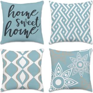 Hexagram Outdoor Throw Pillow Covers 18x18 Set of 4, Decorative Geometric Modern Boho Blue Pillow Covers, Home Sweet Home Farmhouse Cushion Case for Couch Sofa Indoor Bedroom Decor(No Insert)