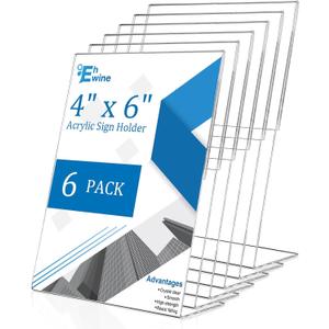EHWINE 6 Pack 4 x 6 Acrylic Sign Holder, Clear Plastic Signs Display Stand, Vertical Slanted Back Paper Holder Stand up Table Top Sign Holders Flyer Stand Frames Suitable for Office Business Store
