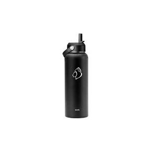 BUZIO 24 oz Insulated Water Bottle, Stainless Steel Wide Mouth Water Flask with Straw Lid, Cold for 48 Hrs Leak Proof Metal Hydro Thermo Canteen Mug, Black