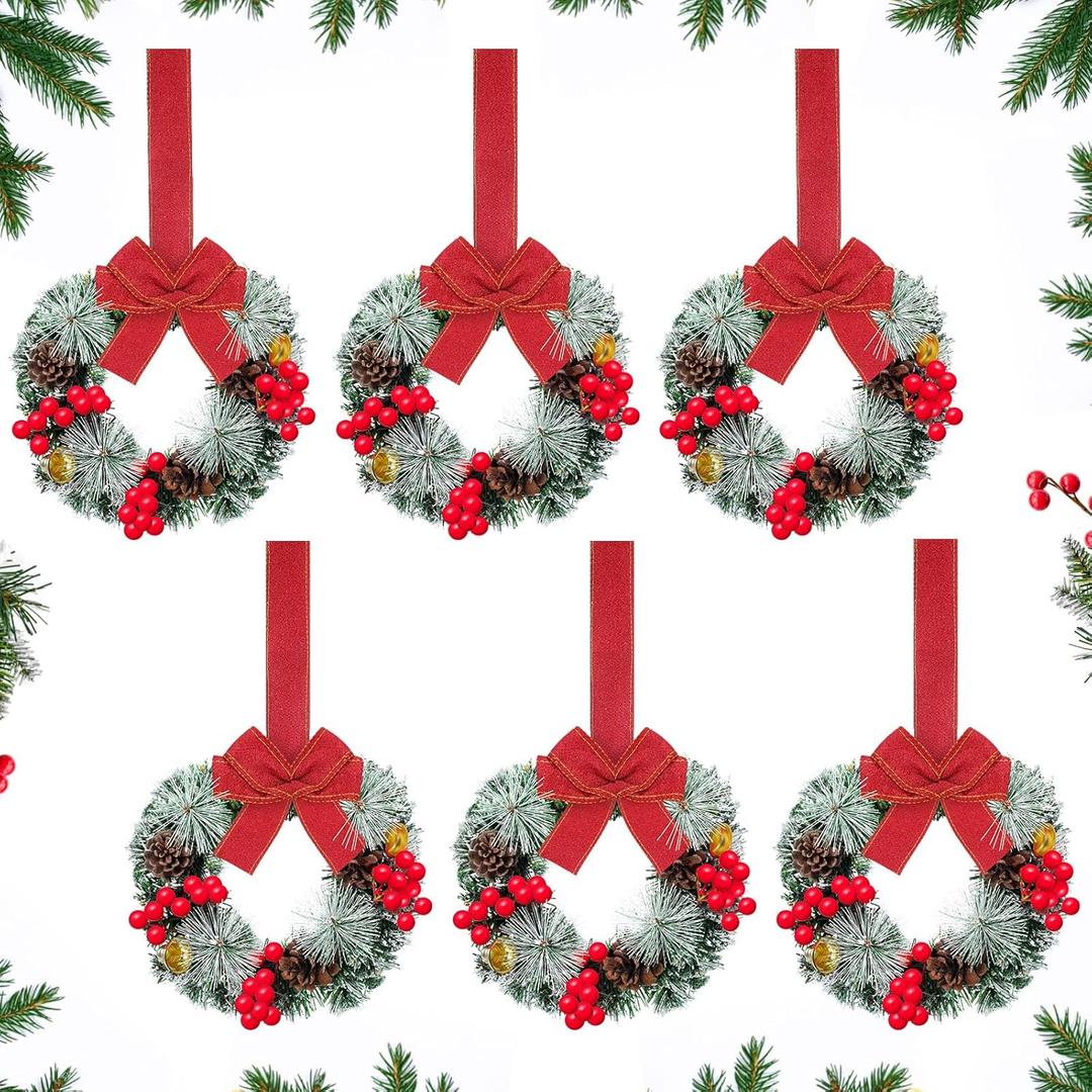 6 Pcs Christmas Small Cabinet Wreaths for Kitchen with Ribbon 8 Inches Mini Christmas Farmhouse Artificial Pine Cone Hanging Wreath for Front Door Window (Red)
