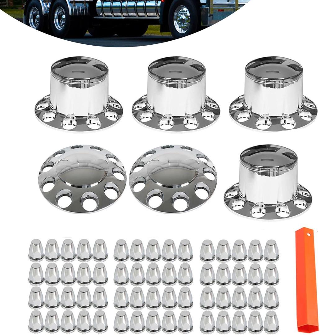 Front and Rear Wheel Axle Cover Center Caps Hub Cover Chrome Semi Truck with 33mm Lug Nut Covers Screw-on