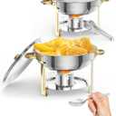 Chafing Dish for Buffet 2 Pack, 5QT Round Chafing Dishes Buffet Set w/Lid Holder, Stainless Steel Chafers and Food Warmers with Spoon and Tweezers for Parties, Weddings, Events, Banquet, Gold