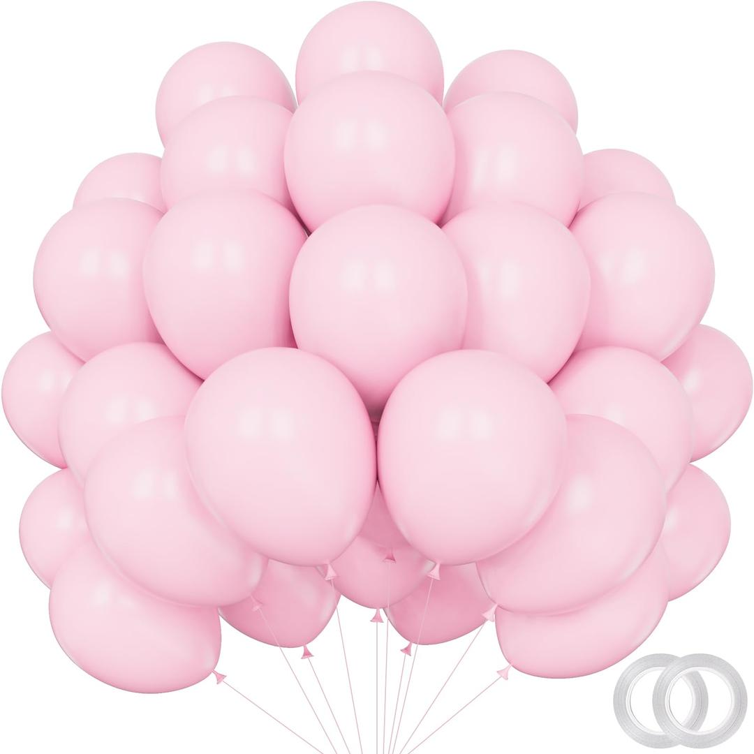 PatiCool Pastel Pink Christmas Balloons - 12 inch 100pcs Latex - Round Light Pink Balloons with 2 Ribbons for Birthday Party, Wedding, Anniversary, Baby Shower Decorations