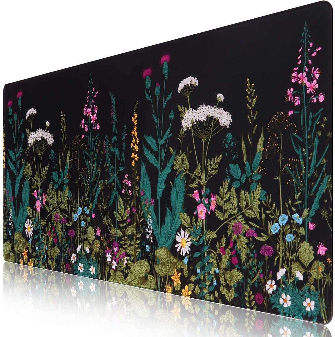 iCasso Desk Mat, Big Desk Pad, XXL Extended Gaming Mouse Pad, Large Mouse Pad for Desk Protector, Rubber Base Mousepad with Stitched Edges, Keyboard Mouse Mat for Work, Game, Office, Home - Weeds