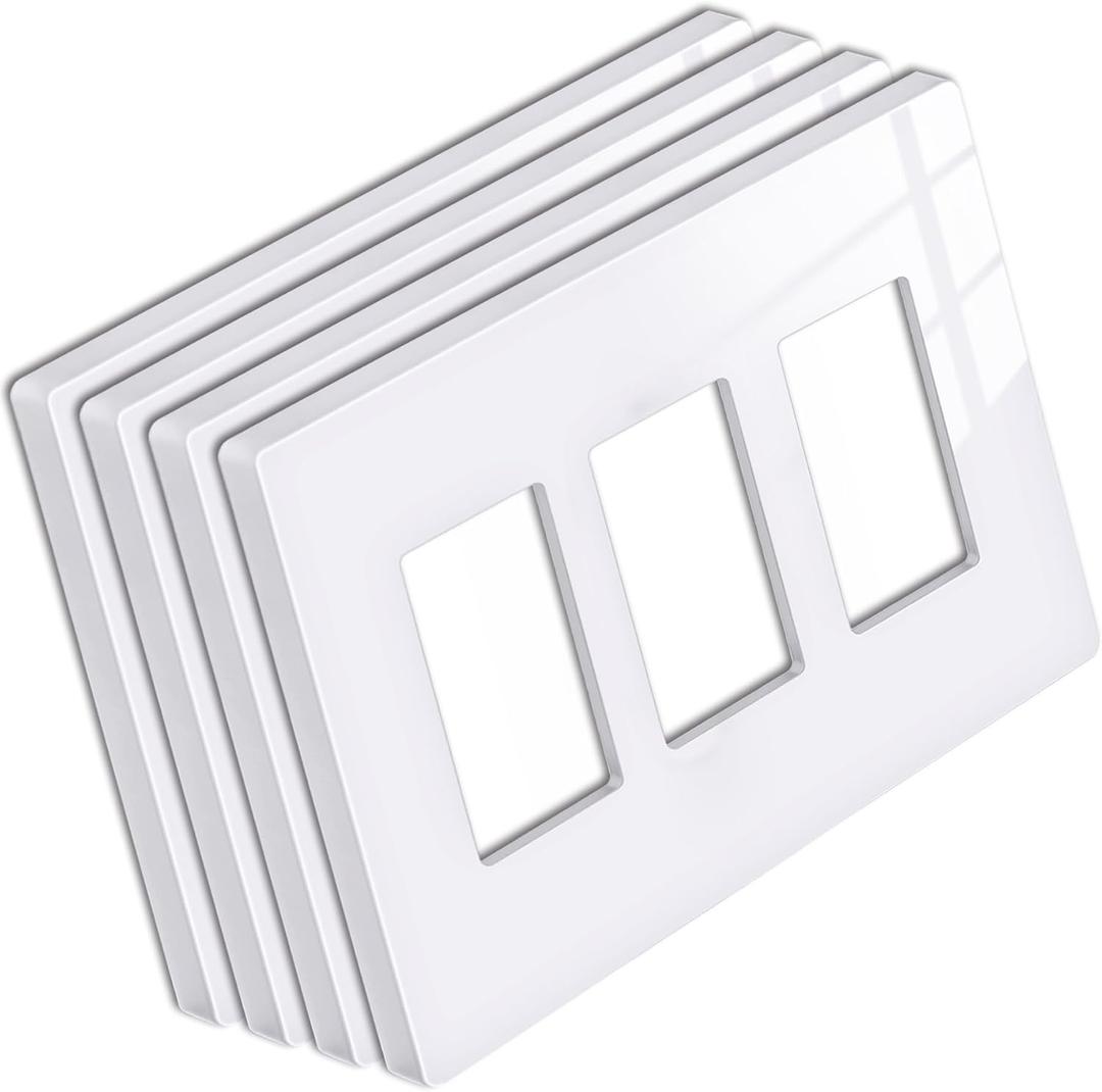 [4 Pack] BESTTEN 3 Gang Mid-Size Screwless Outlet Cover, Midway Decorative Wall Plate, USWP6 Gloss Snow White, Midsize H4.88" x W6.74"
