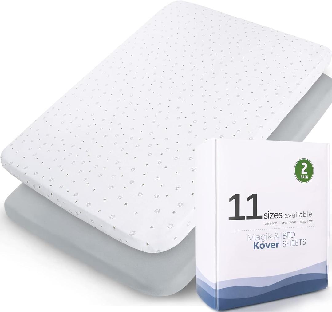 2 x Mini Crib Sheets Fitted 38" x 24"- Compatible with Dream On Me, Babyletto, Davinci & Delta Mini Crib Mattress Pad, Stretchy Soft Mini Crib Sheets Neutral for Baby Boy Girl, Grey & White Star - 2 Pack