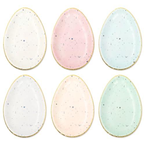 Whaline 30Pcs Easter Paper Plates Gold Foil Egg Shape Disposable Plate 6 Pastel Colors Dinnerware Plate for Party Supplies Table Decor, 10.6 x 7.3 Inch