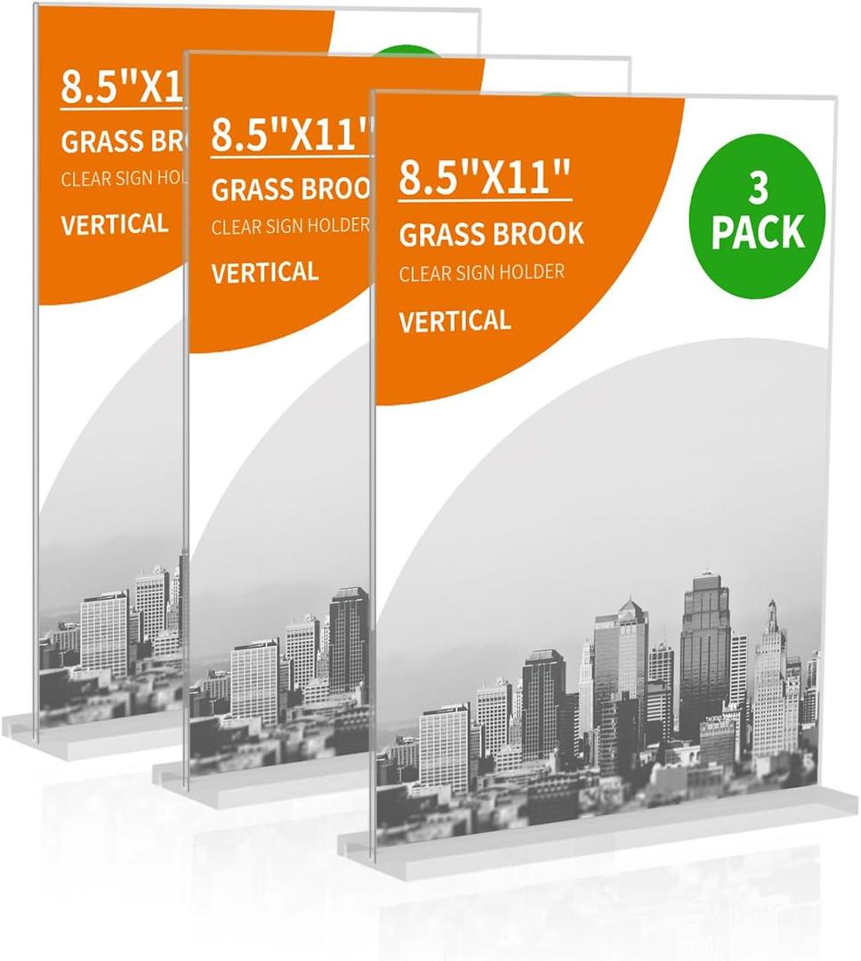 3 Pack 8.5x11 Clear Acrylic Sign Holder, Clear Display, Stand By Straight or Tilted, Vertical Double-Sided Desktop Picture Frame, Menu Holder, Certificate Frame