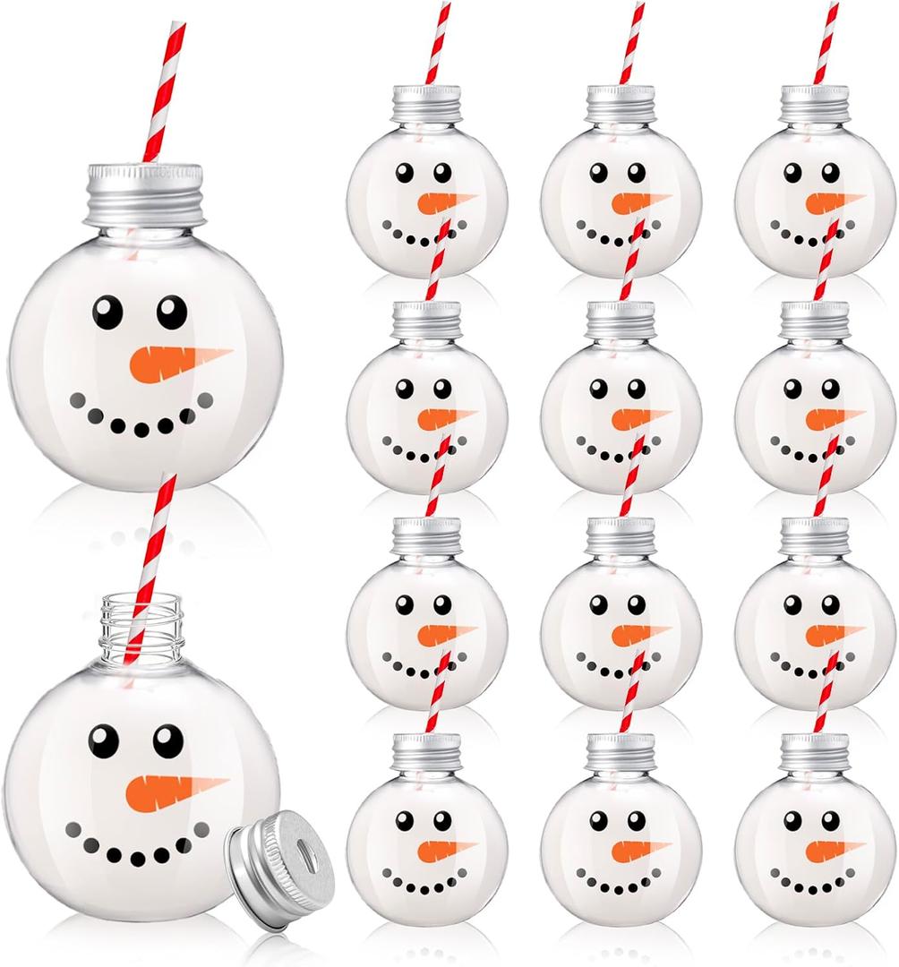 12Pcs Christmas Booze Balls Cups with Lids and Straws Clear Plastic Snowman Face Party Drinking Cups Reusable Bottles for Xmas Winter Holiday Party Supplies