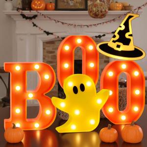 6Pcs LED Marquee Light Up Letters Boo Sign Halloween Decor Indoor Outdoor Set, Halloween Decorations for Home Fireplace Mantel Kitchen Party Tabletop Bathroom Bedroom Desk Window Porch Office Vintage