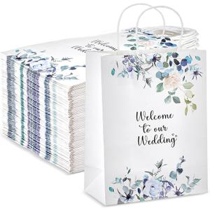 Kolldenn 50 Pcs Welcome to Our Wedding Gift Bags for Hotel Guests Bulk, Paper Wedding Welcome Bags with Handles for Bridal Shower Gifts Engagement Party Favors (Blue,Floral)