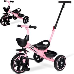 KRIDDO 2-in-1 Toddler Tricycle for Ages 18 Months to 5 Years Old - Extended Push Handle for Effortless Push, Gift Trike for Toddler 3 to 5 Year, Kids Tricycle with Foldable Front Footrest, Pink