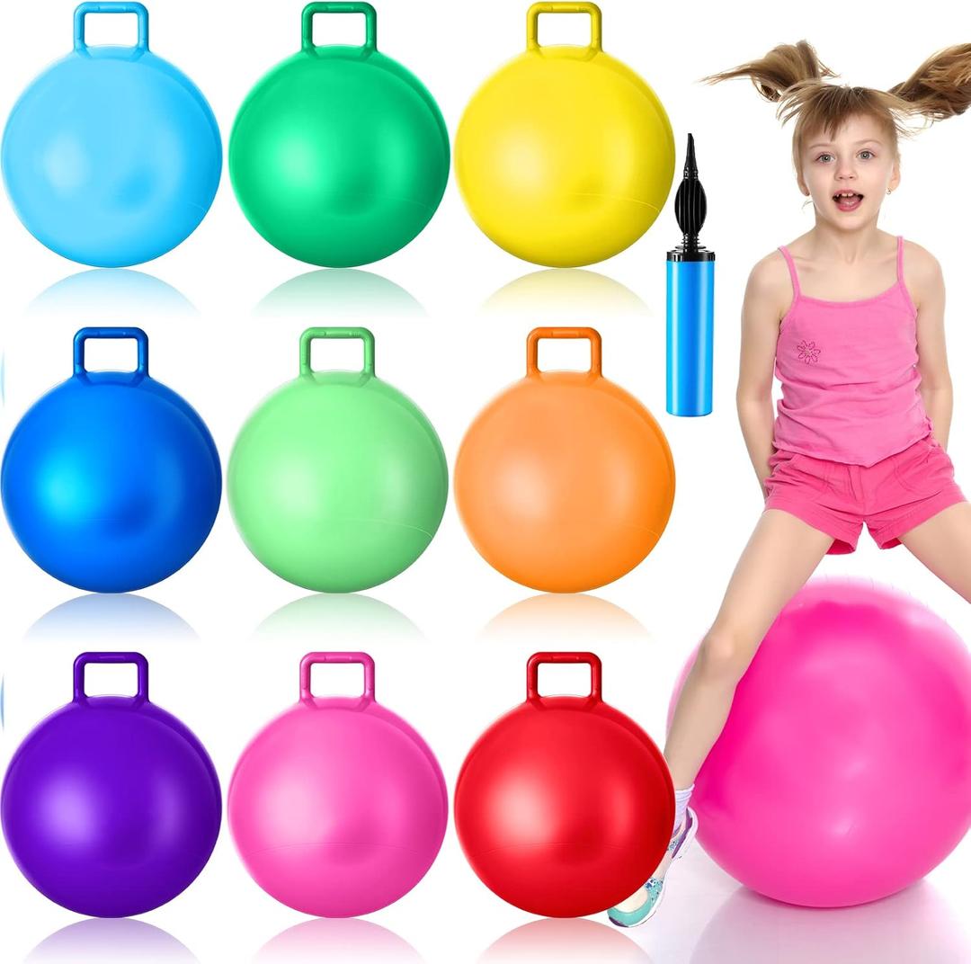 Meooeck 9 Pcs Hopper Ball Carnival Outdoor Game 22 Inch Jumping Hopping Outdoor Bouncy Ball with Handles and Air Pump for Sports School Games Exercise (Multicolor)
