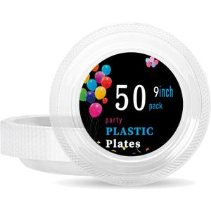 WELLIFE 9 Inch Plastic Plates Clear 50 Count Disposable Plate for Party, Dessert Plates for Dinner Cake Salad Supplies Birthday
