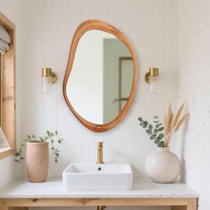 Irregular Wood Wall Mirror,Asymmetrical Modern Wavy Decorative Mirrors,Farmhouse Boho French Country Mirror for Bathroom, Living Room,Vanity,Entryway,30" H x 22" W