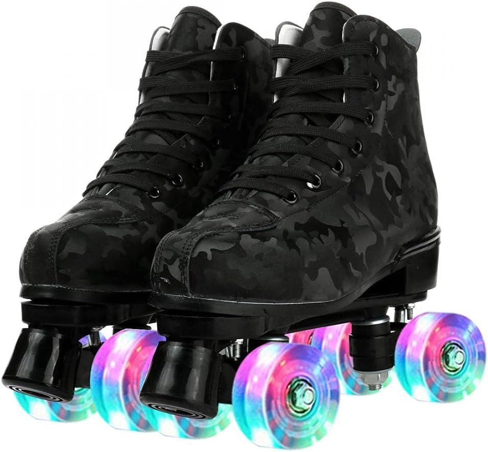 Roller Skates for Women and Men Cowhide High-Top Shoes Classic Double-Row Roller Skate Four-Wheel Roller Skates for Men Girls Unisex Christmas (45 - 10.83in - Women's 11 / Men's 9, Black Camouflage with Flash Wheel)