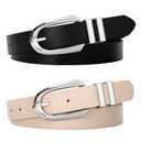 JASGOOD Women Leather Belt Fashion Waist Belt for Pants Jean Ladies Faux Leather Dress belt with Gold Buckle 2 Pack,Black+White (Beige)