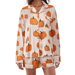 MBZJSDKHLK Women's Halloween Pajamas Set Silk Satin Ghost Pumpkin Print Long Sleeve Button Down Shirt 2 Piece Pjs Shorts Sets, XL