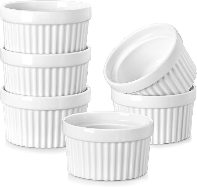 MALACASA Ramekins 6 oz Oven Safe, Porcelain Creme Brulee Ramekins Pudding Custard Cups Small Ceramic Souffle Dishes Ramakan Ramiken Ramicans Baking Bowls Set of 6, White, Series RAMEKINDISH