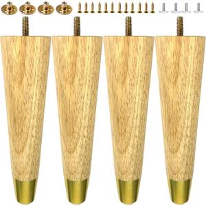 4-Pack 8-Inch Solid Hardwood Furniture Legs, Mid-Century Style with Golden Metal Caps - Natural Color, Perfect for Couches, Dressers, Chairs, and Cabinets