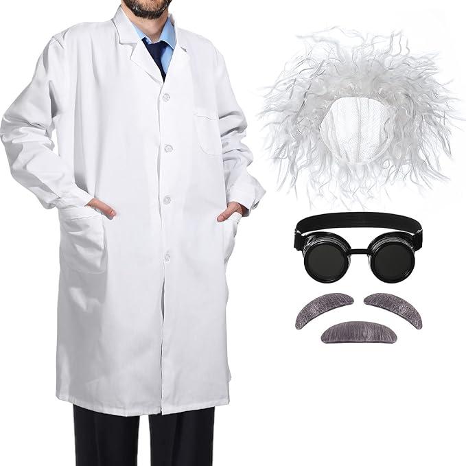SATINIOR 6 Pieces Mad Scientist Costume Adult Back to The Future Doc Brown Crazy Old Man Wig Goggles Lab Coat Props Size Large