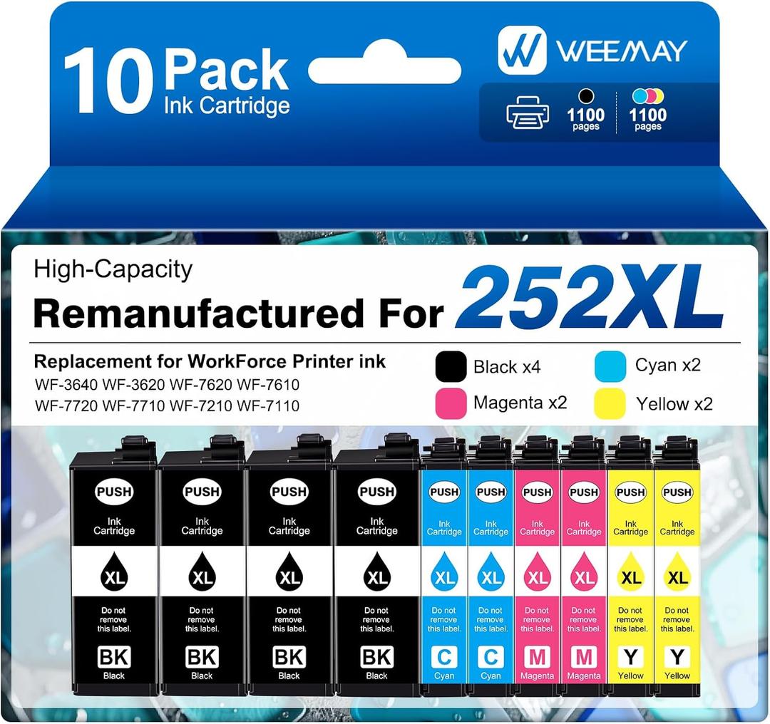 Weemay Remanufactured Ink Cartridges Replacement for Epson 252XL Ink Cartridges for Epson Printer Workforce WF-3640 WF-3620 WF-7720 WF-7710 WF-7620 WF-7610 WF-7210 (4 Black, 2 Cyan 2 Magenta 2 Yellow)
