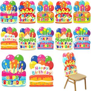 Newwiee 12 Pcs Birthday Chair Cover for Kids 26 x 20 Inch Colorful Classroom Birthday Chair Cover Decorations, Cake-Shaped Chair Cover for Office for Home Party School, 6 Styles