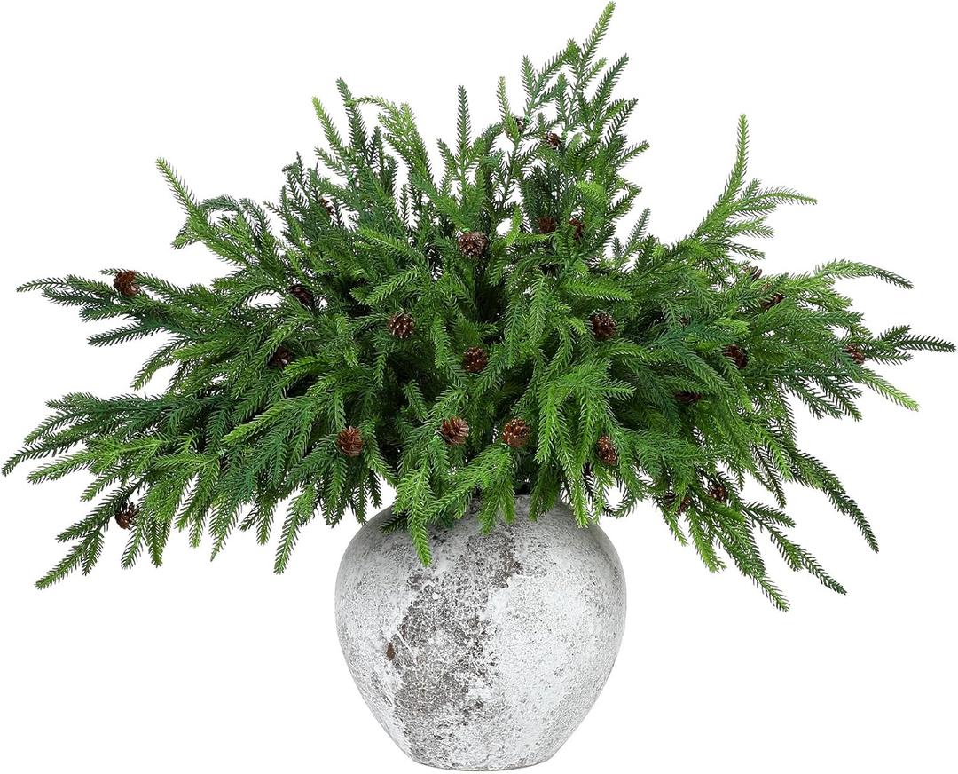 Yinder Xmas Norfolk Pine Branches with Pine Cones Norfolk Pine Artificial Xmas Branches for Xmas Indoor Outdoor Home Decor(10 Pcs)
