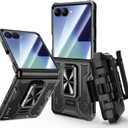 VEGO for Galaxy Z Flip 7 Case, 360 Rotatable Ring Kickstand & Belt Clip Holster & Tempered Glass Camera Screen Protector & Hinge Protection, Shockproof Case for Samsung Flip 7 5G - Black